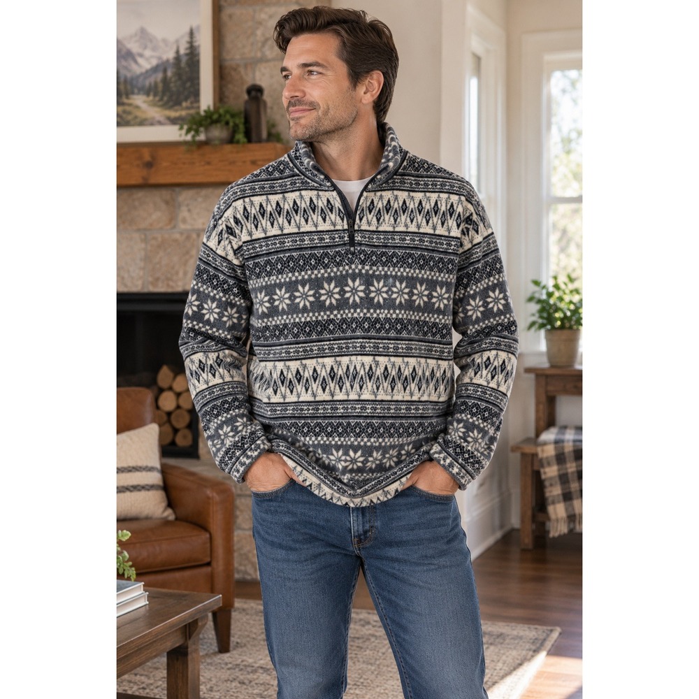Bass Men's Fleece Quarter Zip Pullover Sweater Nordic‎ Snowflake Print Size S